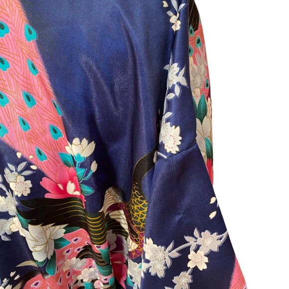 Peacock & Cherry Blossom Asian Inspired Silky Kimono Robe Navy Tik Tok Mini-M/L - Picture 9 of 10